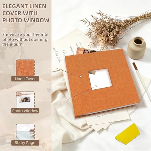 Popotop Photo Album Self Adhesive with Picture Display Window,40 Pages DIY Scrapbooking Supplies Kit for 4x6 10x12 Picture,Linen Cover Memory Book for Baby Wedding, with Scraper and Metallic Pen