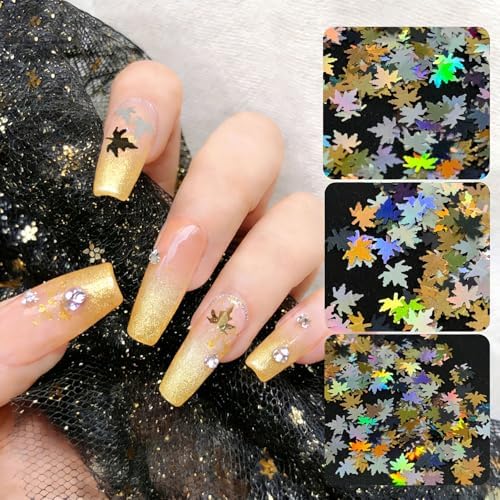 Multicolor Glitter Maple Leaves Sequins Accessories for DIY Journal, Shiny PVC Maple Leaves Confetti for Party Decorations, Mini Leaf Sequins Accessories for Drawing Notebooks. Black Silver Gold