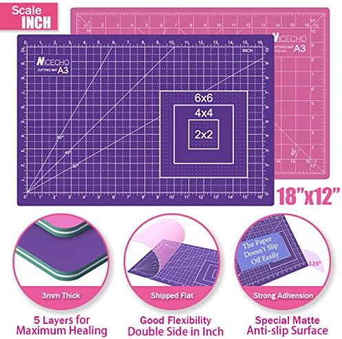 Rotary Cutter Set,Nicecho Sewing Quilting Supplies,45mm & 28 mm Fabric Cutters,8 Rotary Cutter Blades,A3 Cutting Mat for Sewing,6x12 & 2.5x12 In Quilting Rulers,Ideal Quilt kits for Lovers & Beginners