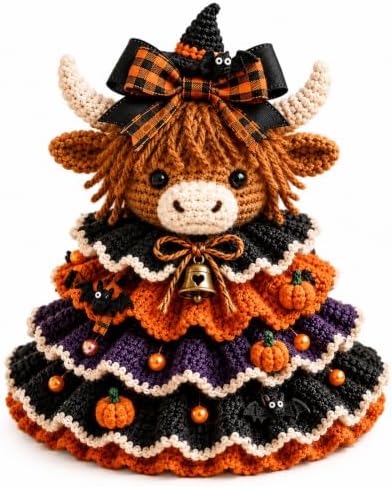 Halloween Crochet Tabletop Decor DIY Kit, Crochet Animal Halloween Tree DIY Craft Kit with Pumpkin Cow Character, Handmade Creative Holiday Craft Set for Adults, Gift for Craft Lovers，Highland Cow