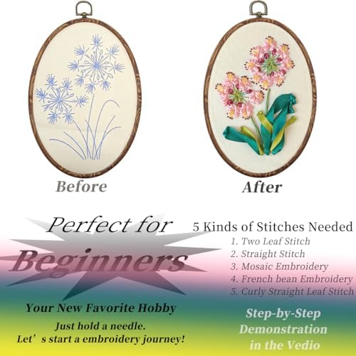 FONNUY Ribbon Embroidery 3D Flowers Pattern Design Kit Embroidery DIY Handwork Set Oval Home Decoration (Pink Crabapple)