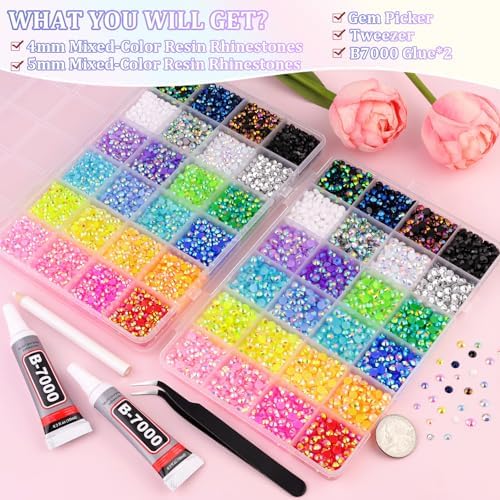 2 Boxes 4mm+5mm Jelly Rhinestones for Bedazzling, 15000Pcs Multicolor Flatback Resin Gems for Crafting, Bedazzler Kit with 2Pcs 10ml B7000 Jewelry Glue for DIY Crafts Book Fabric Decor Nail Art