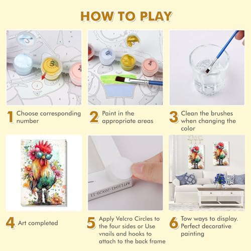 Bowetile Framed Paint by Numbers Chicken for Adults Beginners, Adults' Paint-by-Number Rooster Kits, Easy Adult Paint by Number Kits on Canvas, Acrylic Animals Number Painting for Home Decor, 8x12in