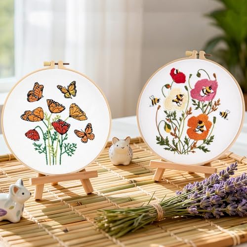 Flowers Embroidery Kits for Beginners Adults, Butterfly Hand Embroidery Starter Kits, Bee Cross Stitch Kits for Beginner Needlepoint DIY Kits for Adult, 2 Set Embroidery Hoops, Thread & Video Tutorial