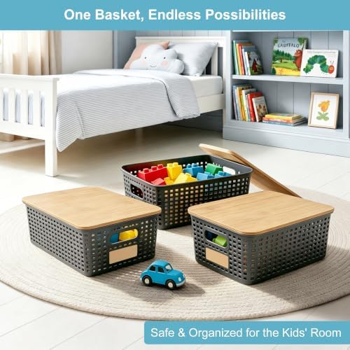 Bagnizer Small Plastic Storage Bins with Bamboo Lids 5.2qt Stackable Box Basket Pantry Decorative Containers Cute with Lable for Organizing Desktop Closet Office Gray of 6 packs 10 * 7.2 * 4.1"