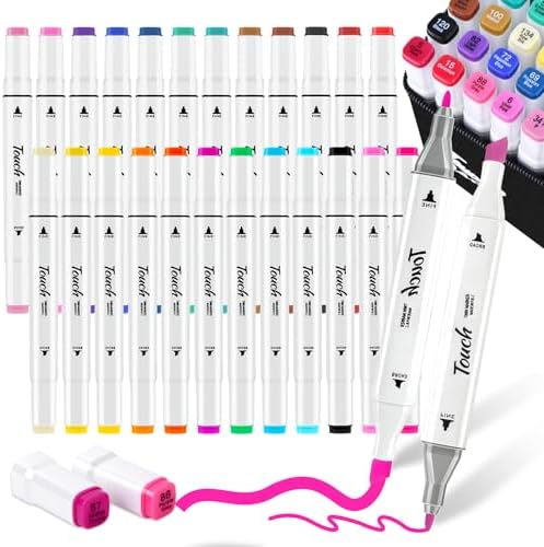 Brush & Chisel Tip Alcohol Markers, 24 Colors Art Markers for Adults, Blendable Drawing Markers with No Bleeding on Paper, Paint Pens Set for Coloring Books, Manga, Card Making