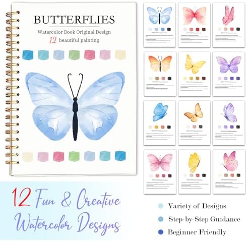 Easy Watercolor Workbook for Beginners - 12 Beautiful Step-by-Step Paintings Water Coloring Book, Includes 16 Colors Paints, Relaxing Art Projects and Creative Gift for Adults & Teen (Butterflies)