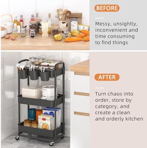 JIUYOTREE 3-Tier Plastic Rolling Storage Cart Utility Cart Black