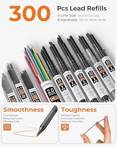STAGEEK 30Pcs Black Metal Mechanical Pencil Set with Leather Case | 6PCS Art Drafting Pencils, 0.5, 0.7, 0.9, 2.0MM Mechanical Drawing Pencils with 300PCS(6B/4B/2B/HB/2H/4H/Colors)Lead Refills