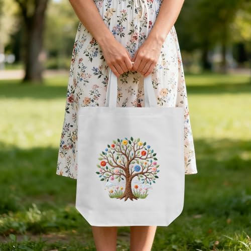 ERKOON Embroidery Canvas Tote Bag for Beginners, Needlepoint Arts Crafts Cross Stitch Kits for Adults Including Stamped Embroidery Bag with Hoops, Needle, Instruction and Color Threads (Tree)