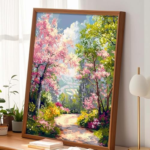 Alptiny Spring Landscape Paint by Numbers Kit for Adults Beginner, Floral Pathway Paint by Number Kits, DIY Flower Oil Painting Kit for Relaxation & Home Decor, 16x20 Inch