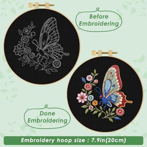 ERKOON Embroidery Kit for Beginners Adult, Cross Stitch Set Include Embroidery Cloth Hoop Threads for Craft Lover Hand Stitch with Embroidery Skill Techniques (Butterfly)