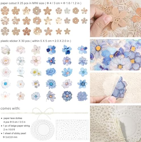 Mayplous 4 Packs Flower Lace Cutouts Decorative Paper & Sticker Set Floral Butterfly Plant Shapes Scrapbooking Die-Cut Paper Shiny Stickers for Journal Card Making Collage Craft (Sophie)