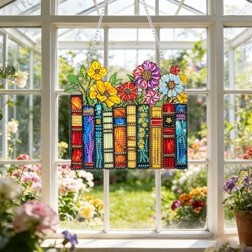 CRZMODE Book Diamond Art Hanging Kit for Adults, Flowers Pendant Diamonds Painting Art Kit, Special Crystal Diamond Art Painting Pendant Ornament, Craft Gift for Women Home Window Decor