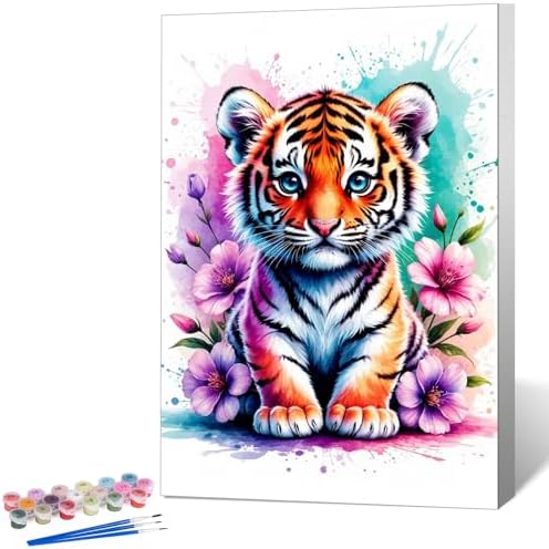 Framed Paint by Numbers Kit for Adults, Tiger & Flower Decor 8x12 Inch