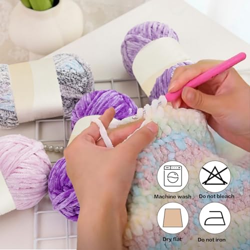 12 PCS Soft Chenille Chunky Velvet Yarn for Crocheting,Fluffy Warm Baby Yarn for Knitting and Crochet Blanket DIY Craft Amigurumi Pack with Crochet Accessories Multicolour-D