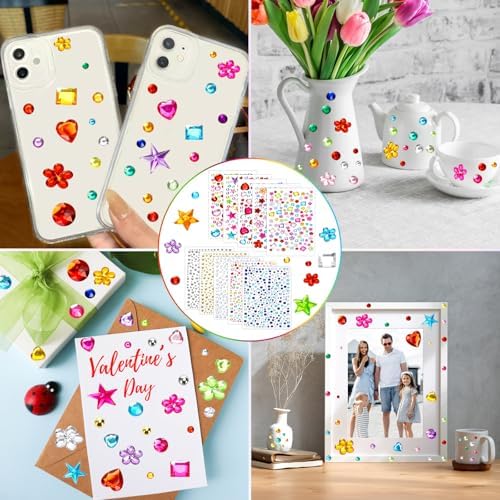 2168pcs Gem Stickers Rhinestones for Crafts, Sparkling Cute Star Heart Round Small Stickers for Women Adults, Glitter Jewels Stickers for Face Eye Body Makeup, DIY Decoration, WUINOID