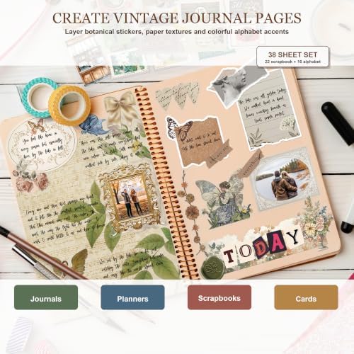 ZAYALI Vintage Scrapbook Stickers with Alphabet Letter Stickers, 38 Sheets Junk Journal Supplies for Scrapbooking, Planner, Bullet Journal, Collage, DIY Crafts