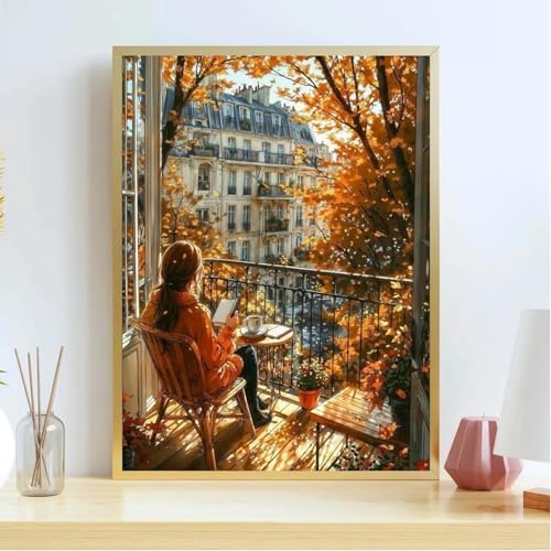 koemhxb Paint by Numbers Kit for Adults Beginners, Autumn Paris Balcony Scene, Fall City View Art Adult Paint by Numbers on Canvas, Acrylic Painting Crafts for Home Decor (16x20inch)