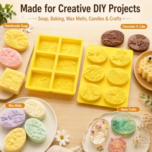2 Pack 6 Cavity Bee Honeycomb Design, Rectangle & Oval Non-Stick Flexible Silicone Soap Molds for Soap, Wax Melts, Beeswax, Chocolate, Candle & Craft Making