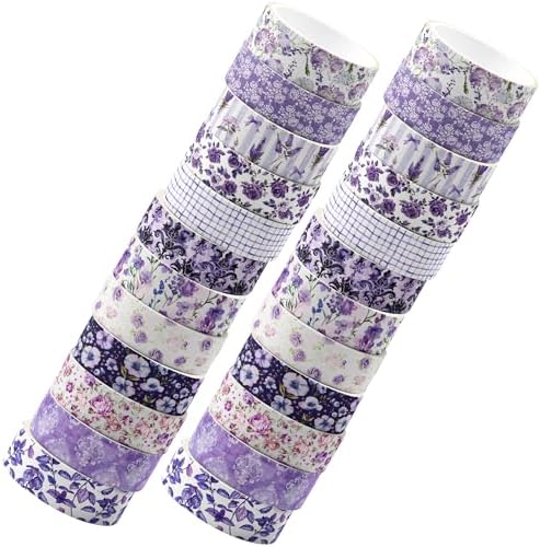 12 Rolls Purple Flower Washi Tape Set, 15 mm x 5 Meters Vintage Flower Decorative Masking Tape, Purple Rose Lavender Patterned Washi Tapes for DIY Craft, Scrapbook, Journal, Gift Wrapping