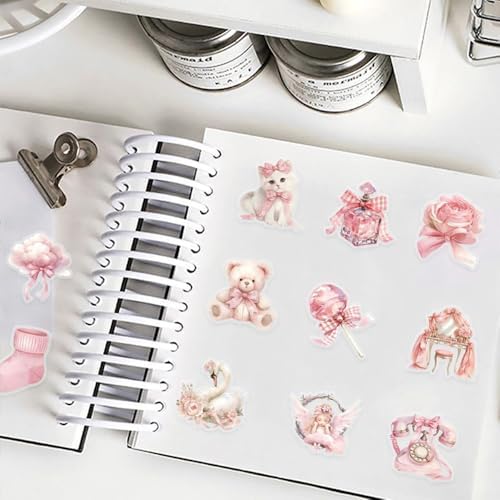 50pcs Pink Flowers Stickers Scrapbook, Self-Adhesive Waterproof Vinyl Sticker for Laptops, Aesthetic Decor Journal Stickers Planner Accessories for Luggage, Water Bottles