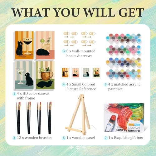 4 Pack Paint by Numbers Kit for Adults with Frame, Black Cat Painting Kit