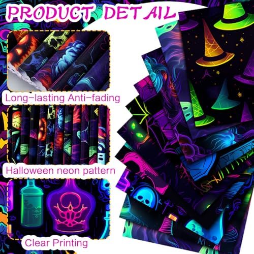 HunnmingRe 20 Pcs 10''x10'' Neon Spooky Halloween Quilting Fabric Squares
