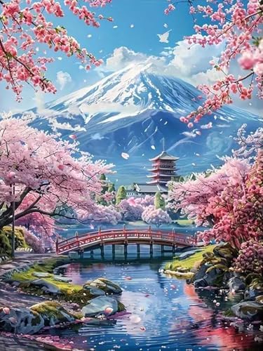 EIBEILI Mount Fuji Paint by Numbers Kit for Adults Beginner,Cherry Blossoms Adult Paint by Number Kits on Canvas,Easy Canvas Paint by Numbers for Adults for Home Wall Decoration 12 X 16 inch