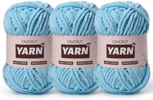 3 Packs Plush Chenille Chunky Crochet Yarn - Baby Yarn for Crocheting Soft - Velvet Yarns Knitting for Blankets Crafts - Fluffy Amigurumi Yarns 150g / 196.8yds (3 Azure)