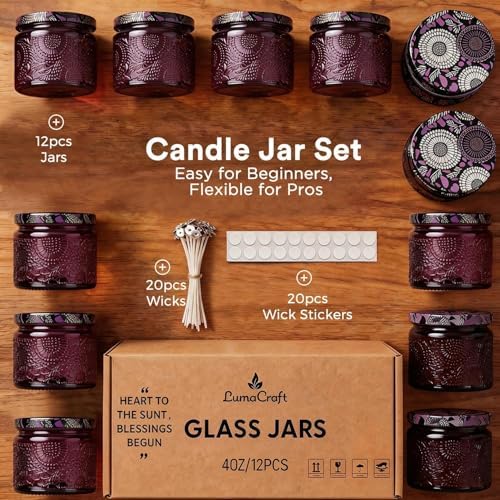 LumaCraft Luxury Embossed Glass Candle Jars for Making Candles - 12 Pack 4oz Empty Candle Containers with Airtight Metal Lids, 20 Wicks & 20 Stickers, Colored Glass Jars for Gifts & Decor
