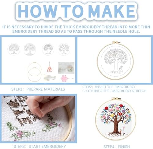 FREEBLOSS 4 Set Embroidery Kit Tree of Life Stamped Embroidery Starter Kit with Step by Step Instructions, Colored Threads, 2 Hoops, Needlepoint Kits for Hand Craft Lovers Gift, 30cm/11.8inch