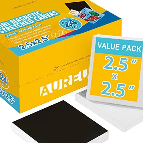 AUREUO Mini Magnetic Stretched Canvas 2.5x2.5 Inch / 24 Pack - Small Square Wrapped Canvas Board with Magnet Back, Art Gift Set Tiny Framed Bulk Pack Canvases for Painting & Craft