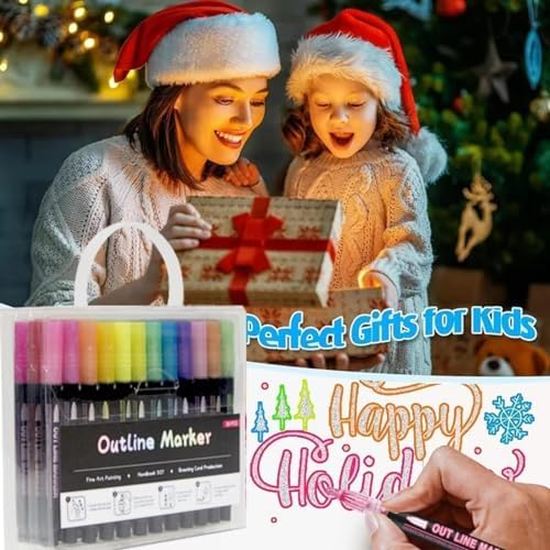 Outline Marker Self-outline Metallic Markers, 12 Colors Squiggles Shimmer Outline Markers Pen Set for Drawing Art School Supplies, Glitter Pen Set for Cards Lettering, Gift for 4-12 Year Old Girl