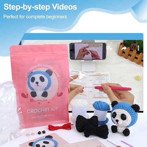 Autglint Panda Crochet Kit for Beginners, Learn to Crochet Starter Kit with Pre-Started Yarn & Easy-to-Follow Video Tutorials, DIY Amigurumi Animal Kit for Adults Kids Gift