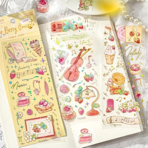 Strawberry Stickers for Journaling,12 Sheets Vintage Pink Berry & Dessert Decorative Stickers, Waterproof Vinyl Stickers for Scrapbook, Planners, Laptop, Water Bottles, DIY Crafts, Kawaii Stickers