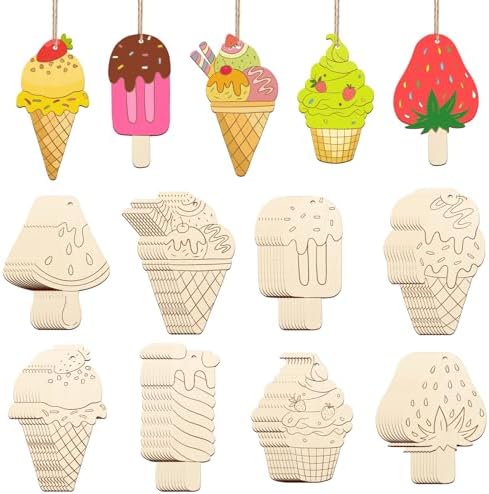80PCS Wooden Ice Cream Cutouts Ornaments to Paint,Summer Decorations 8 Styles DIY Blank Unfinished Wood Cutouts Ornament for Crafts Hanging Decorations