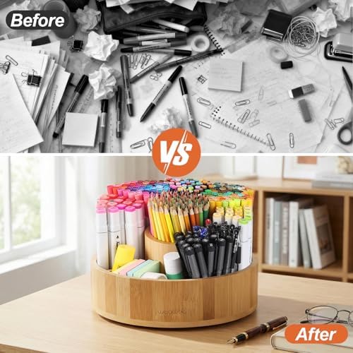 Marker Organizer Rotating Bamboo Desk Organizer, Silent 360° Rotation Caddy, 10 INCH LARGE Art Supply Caddy Holds 140+ Markers, 750+ Pencils for Home Office, Classroom, Birthday Gift, 10 Compartment