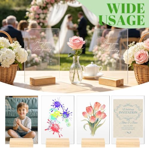 Bercoor 10 Pack 4x6 Inch Blank Clear Acrylic Sign with Wooden Stands, Rectangle Top Acrylic Sheet, DIY Acrylic Rectangle Table Numbers for DIY Name Card Gifts Event Party Sign Decoration
