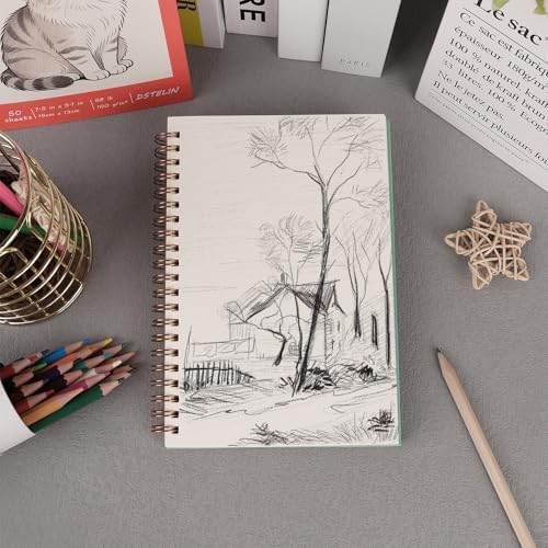 DSTELIN 2 Pack Hardcover Sketchbooks (100 GSM Sketch Paper), 7.5x5.1 Inch Spiral Sketch Book for Sketching, Drawing, Painting, 50 Sheets per Pack, Pink and Green