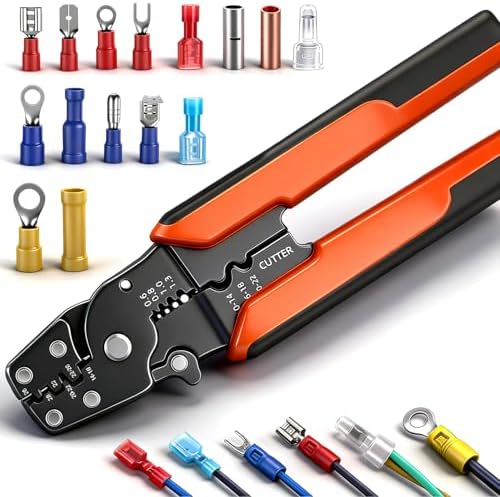 smseace Orange Wire Crimping tool Wire crimper,stripper and cutterfor insulated/Bare/Heat Shrink connectors(22-10 AWG) Multifunctional stripping crimping pliers Wire stripper and crimping tool