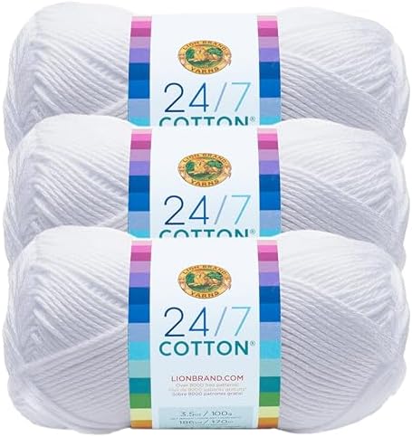 Lion Brand Yarn, 24/7 Cotton Yarn, White, 3 Pack