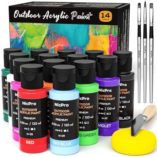Nicpro 14 Colors Outdoor Acrylic Paint Set, 4oz Waterproof Acrylic Paints | Rich Pigmented Outdoor Paint for Beginners Artists on Rocks, Wood, Garden Statues, Crafts, Pumpkin, with Brushes & Sponge