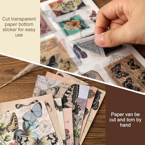Vintage Scrapbook Stickers - 300 Butterfly Pre-Cut for Journaling, 20 Scrapbook Paper Washi for Scrapbooking and Journaling