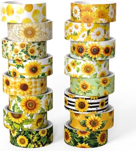 16 Roll Washi Tape Set, Sunflower Design, 3m x 15mm, Multicolored, Water Resistant, Repositionable, Arts And Craft Tape