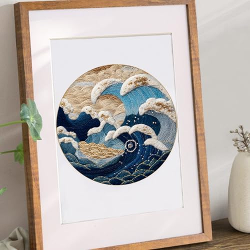 FONNUY Embroidery Kit for Beginners, Stormy Sea Wave Flowers Pre-Stamped Pattern Kits for Adults with Hoop, Easy to Follow Color Thread Needlework, 8'' Hoop (Brown)