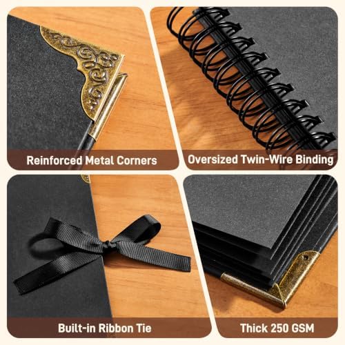 OVESMUSL 8x8 DIY Scrapbook Kit, Black, 40 Pages | Features 250gsm kraft paper, metal corners, 3D interactive elements, and glue stick. Great for wedding, anniversary, baby.