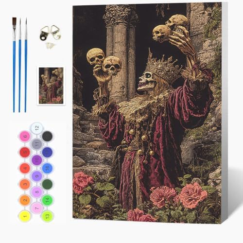 Auremi Paint by Number Kits with Framed Skeletons, DIY Horror Paint by Number Canvas for Adults, Easy Acrylic in Canvas with Brushes for Decor 20x30cm