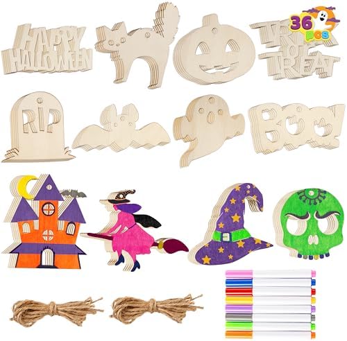 JOYIN 100 Pcs Halloween Craft Wooden Painting Kit, Halloween Party Supplies, Party Favors for Kids, Wood Blank Cutouts Ornaments, Gift Tags Decor for School Art DIY Activities Goodies Games