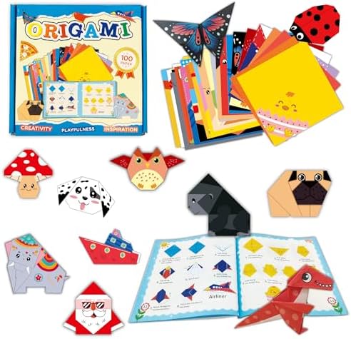 Origami Kit for Kids Ages 5-8 8-12, 100 Sheets Double Sided Colorful Folding Paper (45 Patterns×2+10Blank) with Clear Guiding Book, Animals Dinosaur Art Activity DIY Craft Set Gift for Girls Boys